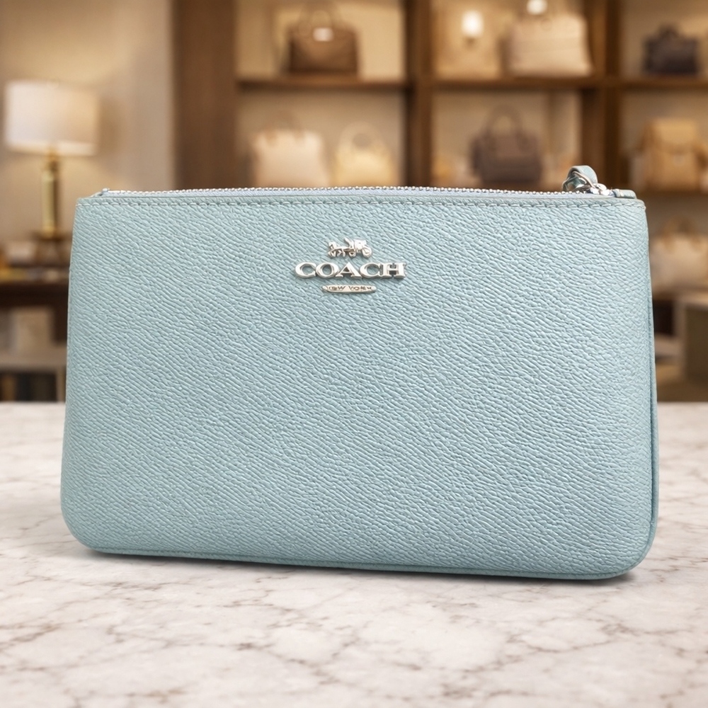 Coach Light Blue Crossbody Wristlet with Silver Hardware